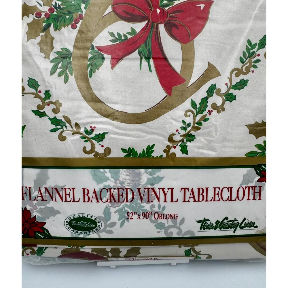 VTG Town & Country Christmas Vinyl Tablecloth 52x90 Oblong Horn Holly Bow NOS